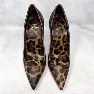 Christian Louboutin Kate 100 Leopard Leather Pointed Toe Stiletto Heel Pump 37.5
